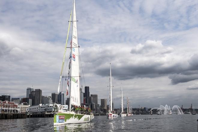 Visit Seattle yacht leads fleet in Parade of Sail by Seattle Waterfront © Marina Thomas